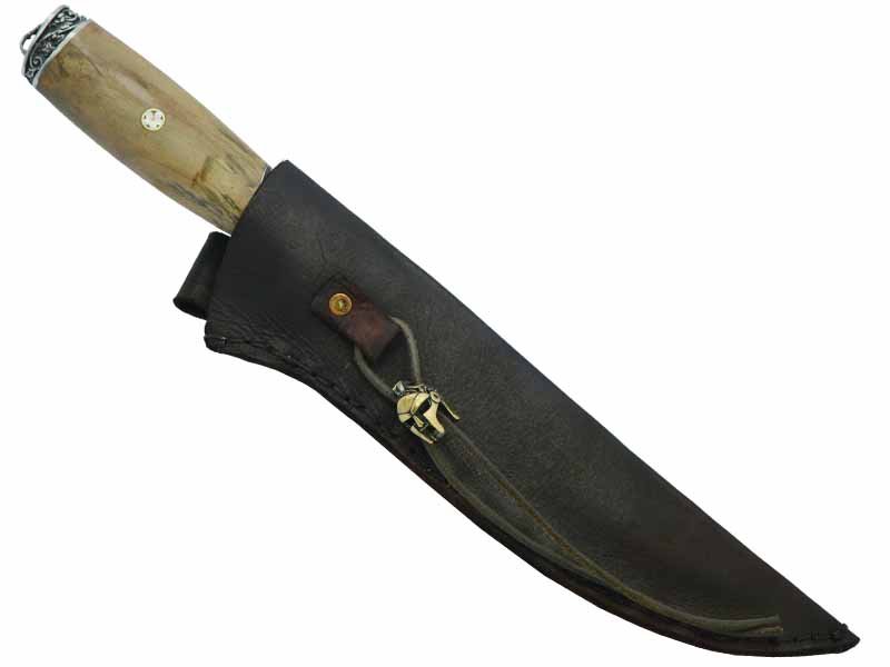 Adelar Filippon faca Bowie para colecionador forjada em Aço Damasco. Empunhadura em Spalted de plátano estabilizado, 35 cm