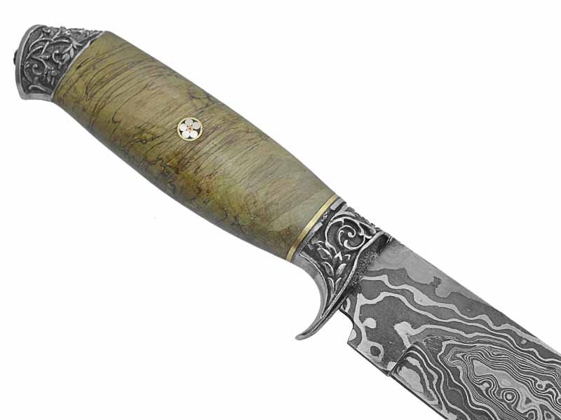 Adelar Filippon faca Bowie para colecionador forjada em Aço Damasco. Empunhadura em Spalted de plátano estabilizado, 34 cm