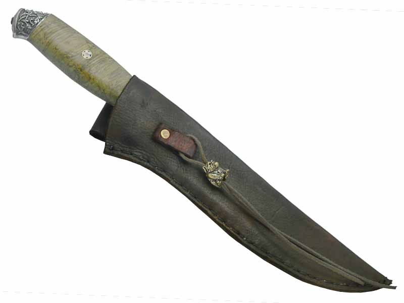 Adelar Filippon faca Bowie para colecionador forjada em Aço Damasco. Empunhadura em Spalted de plátano estabilizado, 34 cm
