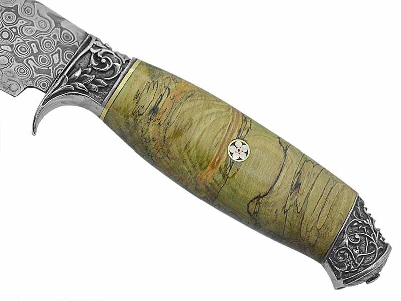 Adelar Filippon faca Bowie para colecionador forjada em Aço Damasco. Empunhadura em Spalted de plátano estabilizado, 34 cm