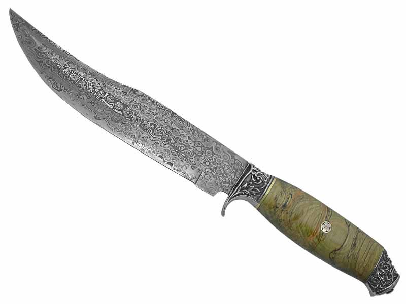 Adelar Filippon faca Bowie para colecionador forjada em Aço Damasco. Empunhadura em Spalted de plátano estabilizado, 34 cm