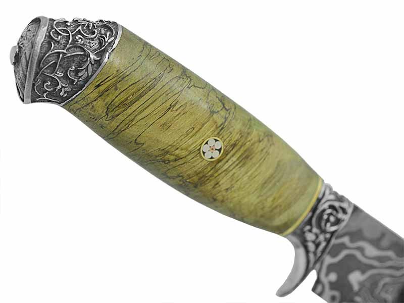 Adelar Filippon faca Bowie para colecionador forjada em Aço Damasco. Empunhadura em Spalted de plátano estabilizado, 34 cm