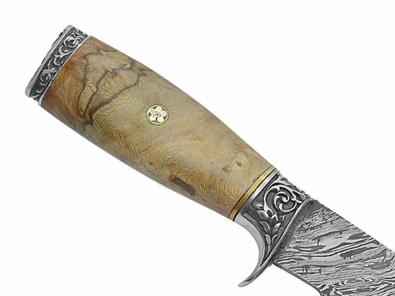 Adelar Filippon faca Bowie para colecionador forjada em Aço Damasco. Empunhadura em Spalted de plátano estabilizado, 34 cm