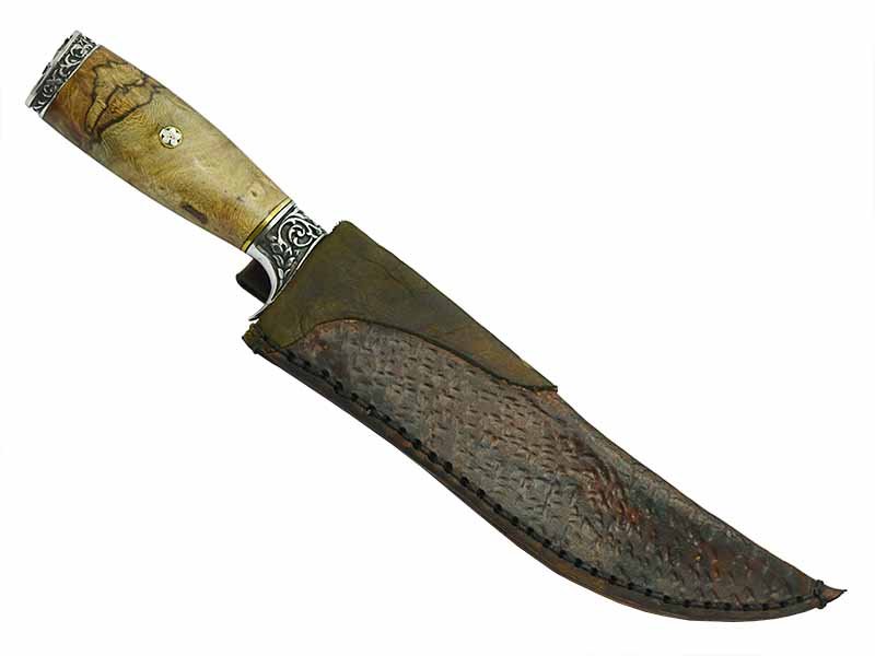 Adelar Filippon faca Bowie para colecionador forjada em Aço Damasco. Empunhadura em Spalted de plátano estabilizado, 34 cm