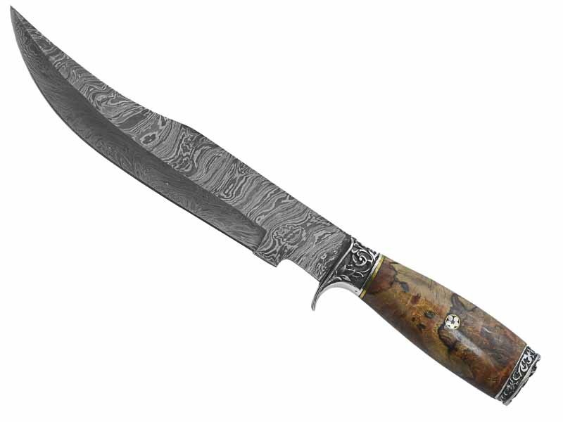Adelar Filippon faca Bowie para colecionador forjada em Aço Damasco. Empunhadura em Spalted de plátano estabilizado, 34 cm