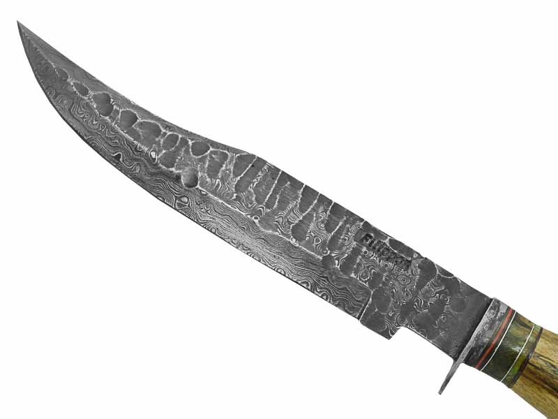Adelar Filippon faca Bowie para colecionador forjada em Aço Damasco brut forge. Empunhadura em Spalted de plátano estabilizado, 34 cm