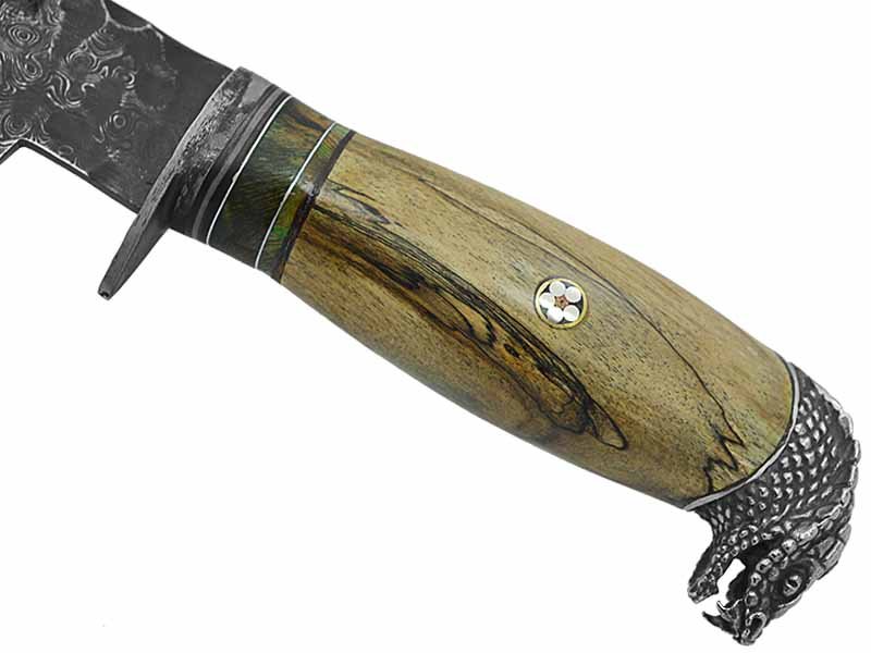 Adelar Filippon faca Bowie para colecionador forjada em Aço Damasco brut forge. Empunhadura em Spalted de plátano estabilizado, 34 cm