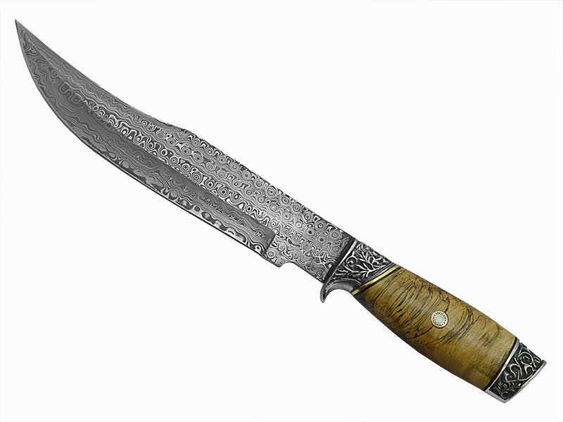 Adelar Filippon faca Bowie para colecionador forjada em Aço Damasco. Empunhadura em Spalted de plátano estabilizado, 35 cm