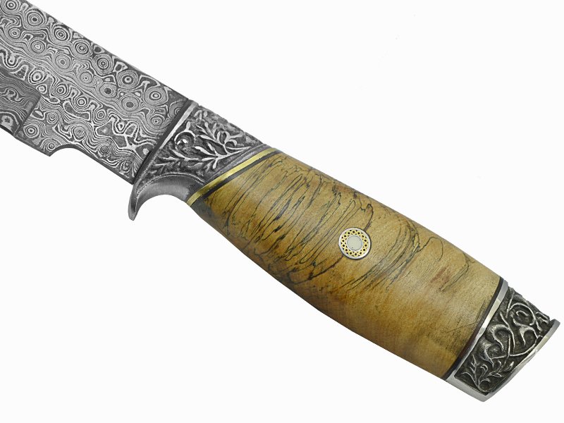 Adelar Filippon faca Bowie para colecionador forjada em Aço Damasco. Empunhadura em Spalted de plátano estabilizado, 35 cm