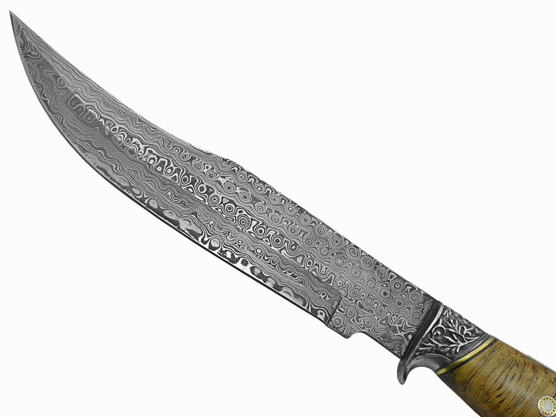 Adelar Filippon faca Bowie para colecionador forjada em Aço Damasco. Empunhadura em Spalted de plátano estabilizado, 35 cm