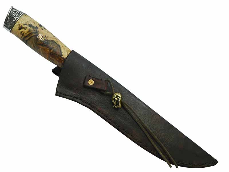 Adelar Filippon faca Bowie para colecionador forjada em Aço Damasco. Empunhadura em Spalted de plátano estabilizado, 36 cm