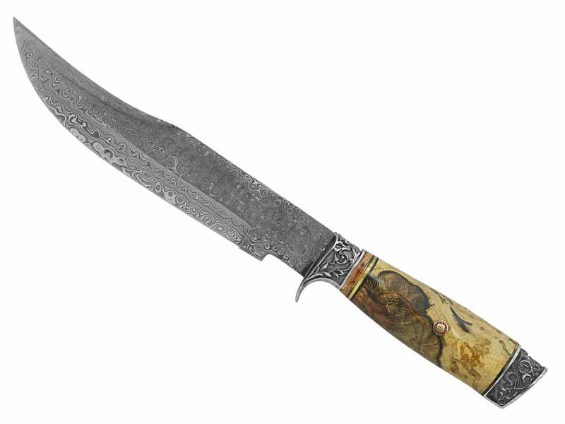 Adelar Filippon faca Bowie para colecionador forjada em Aço Damasco. Empunhadura em Spalted de plátano estabilizado, 36 cm