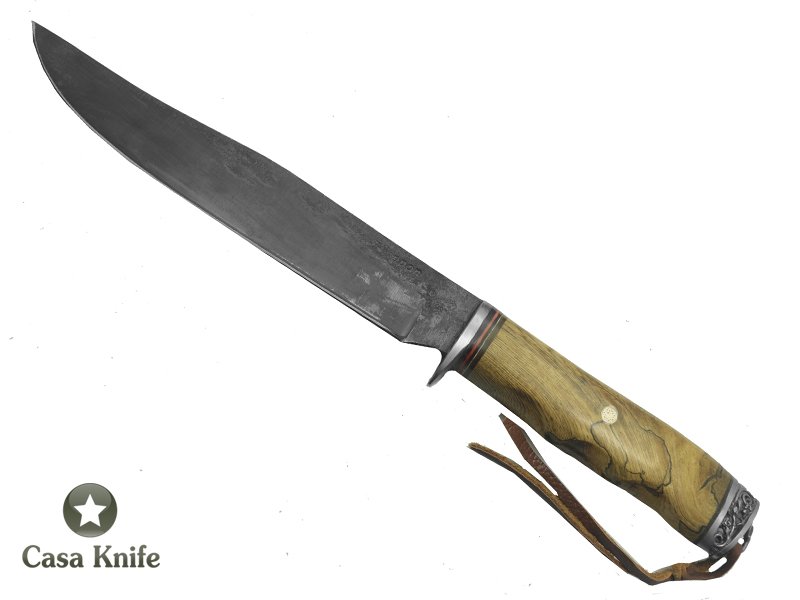 Adelar Filippon faca Bowie para colecionador forjado em aço Mola . Empunhadura em Spalted Platano estabilizado, 32 cm