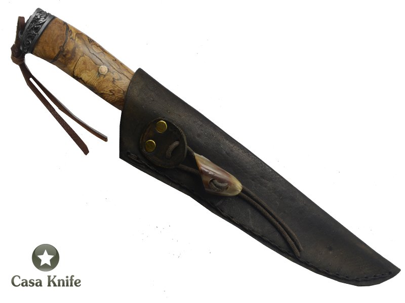 Adelar Filippon faca Bowie para colecionador forjado em aço Mola . Empunhadura em Spalted Platano estabilizado, 32 cm