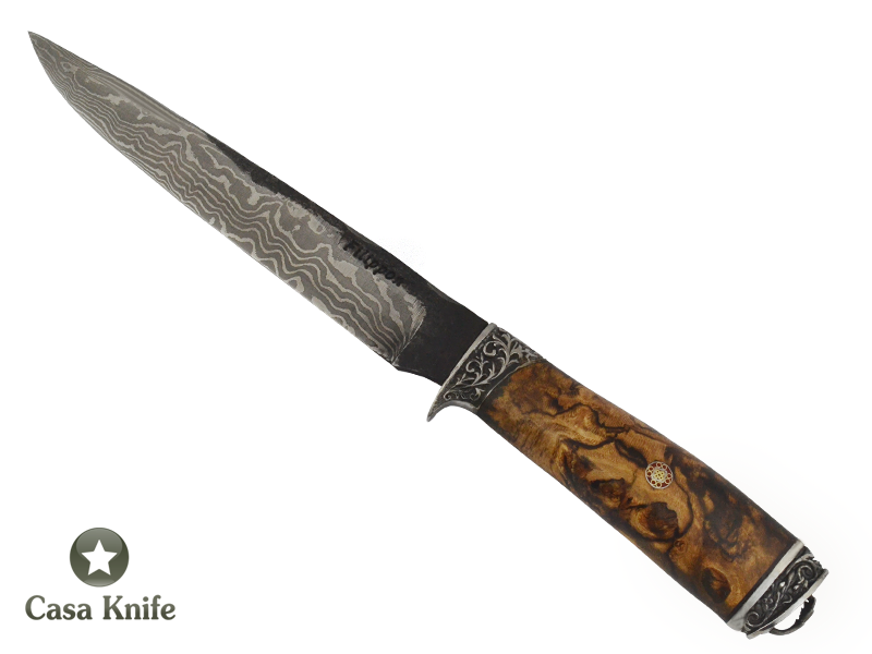 Adelar Filippon faca brüt Forge para colecionador, forjada em aço damasco. Empunhadura em Spalted Platano estabilizada, 30cm