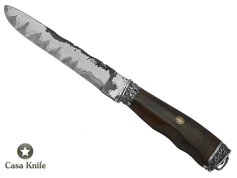 Adelar Filippon faca Brüt Forge para colecionador, forjada em aço san mai. Empunhadura em Spalted rádica de embuia estabilizada, 25 cm