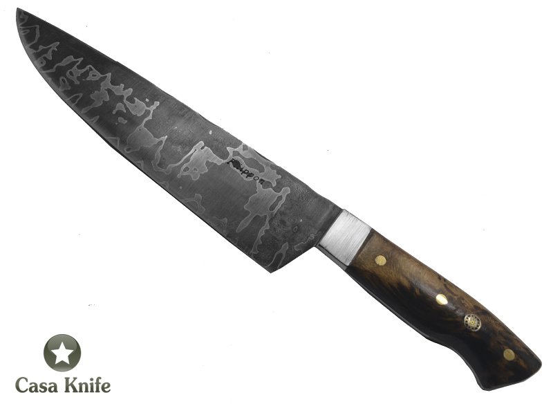 Adelar Filippon Faca Cheff para colecionador forjado em aço damasco, empunhadura em Spalted Platano estabilizado, 32 cm