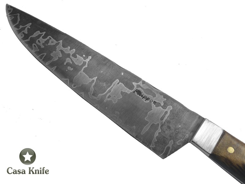 Adelar Filippon Faca Cheff para colecionador forjado em aço damasco, empunhadura em Spalted Platano estabilizado, 32 cm