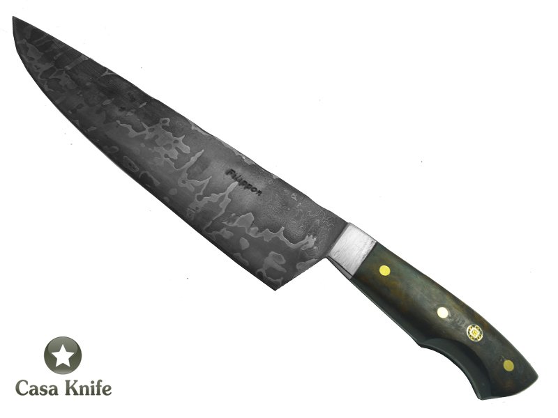 Adelar Filippon Faca Cheff para colecionador forjado em aço damasco, empunhadura em Spalted Platano estabilizado, 32 cm