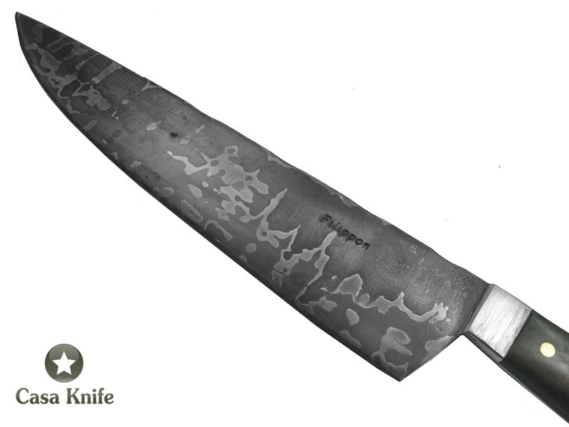 Adelar Filippon Faca Cheff para colecionador forjado em aço damasco, empunhadura em Spalted Platano estabilizado, 32 cm