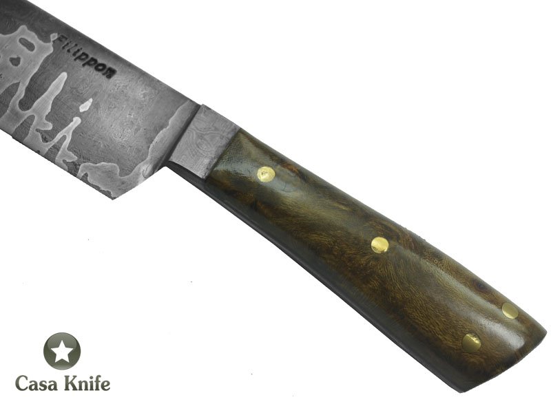Adelar Filippon Faca Cheff para colecionador forjado em aço damasco integral, com empunhadura em Spalted Platano estabilizado, 32cm