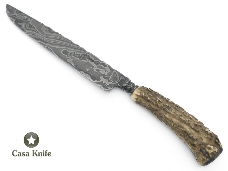 Adelar Filippon Faca em aço damasco para colecionador, com empunhadura em chifre de cervo Axis 31 cm