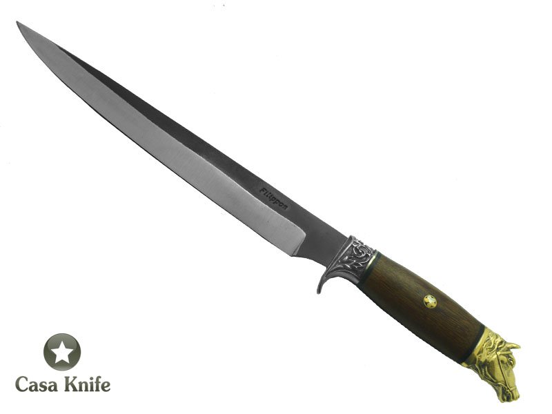 Adelar Filippon Faca Javalizeira para colecionador forjada em aço C75, com empunhadura em madeira cumaru, 42 cm