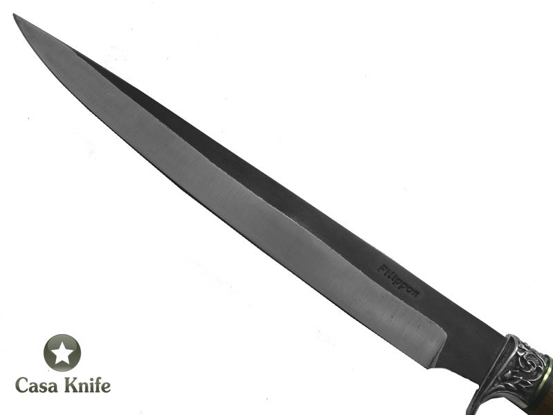 Adelar Filippon Faca Javalizeira para colecionador forjada em aço C75, com empunhadura em madeira cumaru, 42 cm