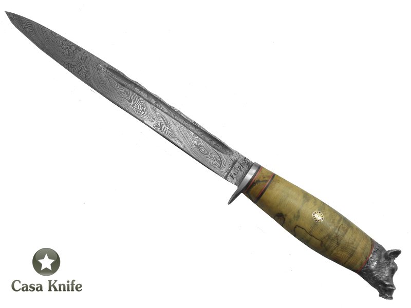 Adelar Filippon Faca Javalizeira para colecionador forjado em aço Damasco 15N20 - 1095 - 58 HCR - 288 camadas. Empunhadura em Spalted Platano, 35 cm