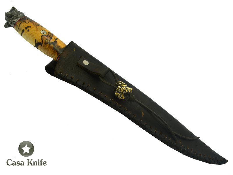 Adelar Filippon faca para churrasco para colecionador fojado em aço damasco torcido 15N20 / 1095 / 58 HCR / 120 camadas. Empunhadura em Spalted Platano, 36 cm