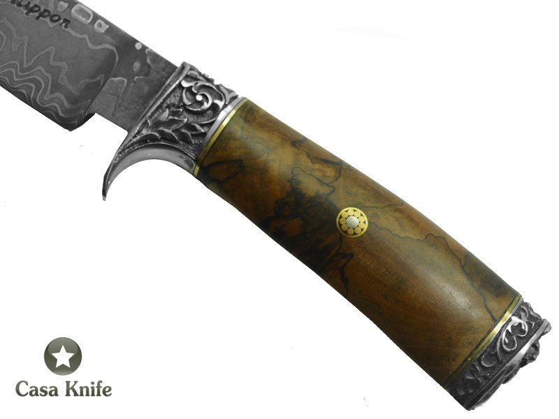 Adelar Filippon Faca para churrasco para colecionador forjada em aço damasco, empunhadura em Spalted Platano, 31 cm