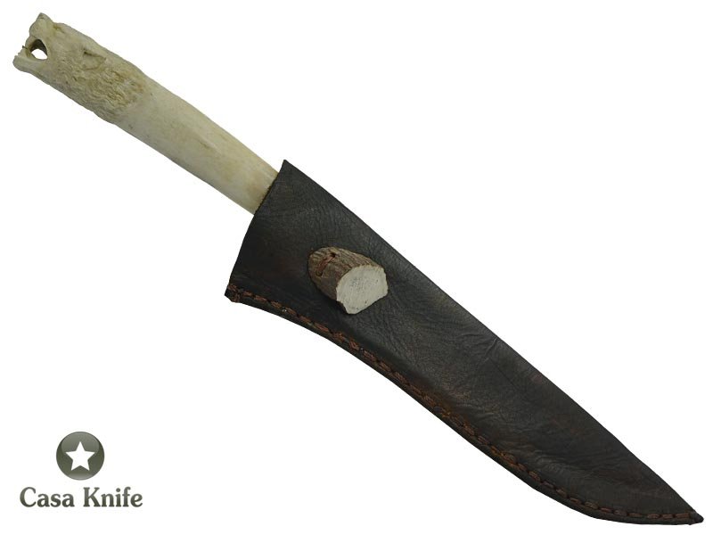 Adelar Filippon faca para colecionador em aço damasco - padrão gota de chuva modificado com empunhadura em chifre de cervo esculpido, 34 cm