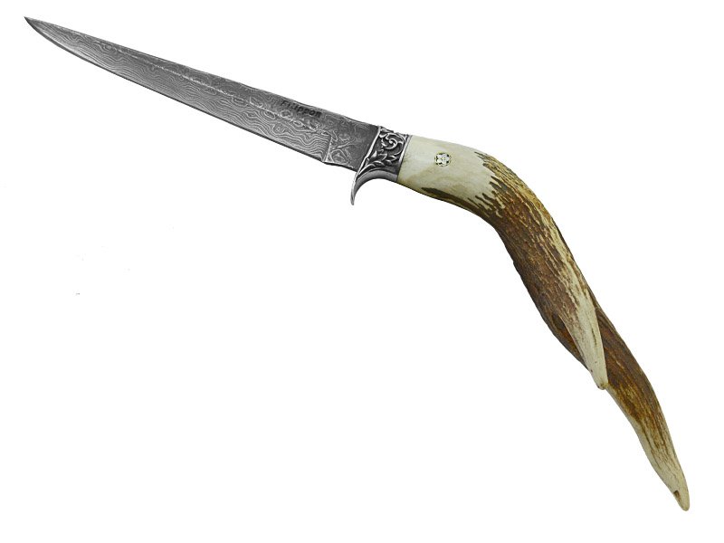 Adelar Filippon faca para colecionador forjada em aço damasco. Empunhadura em chifre de cervo, 41 cm