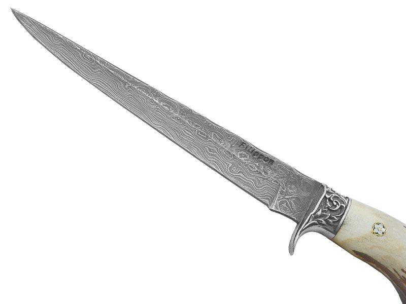 Adelar Filippon faca para colecionador forjada em aço damasco. Empunhadura em chifre de cervo, 41 cm