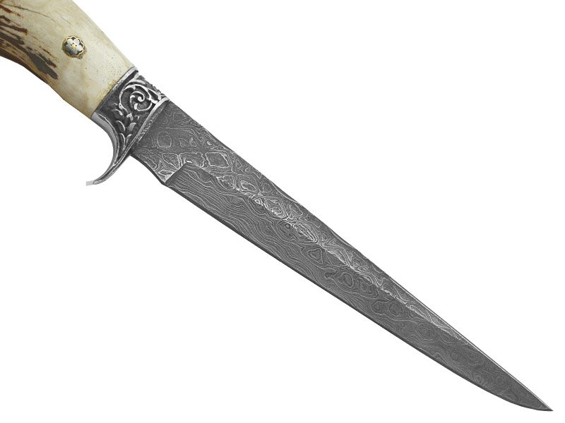 Adelar Filippon faca para colecionador forjada em aço damasco. Empunhadura em chifre de cervo, 41 cm