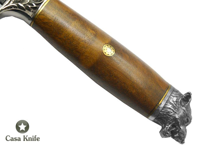 Adelar Filippon faca para colecionador forjada em aço damasco linear com empunhadura em radica de Imbuia, 34 cm