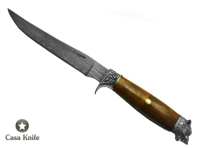 Adelar Filippon faca para colecionador forjada em aço damasco linear com empunhadura em radica de Imbuia, 34 cm