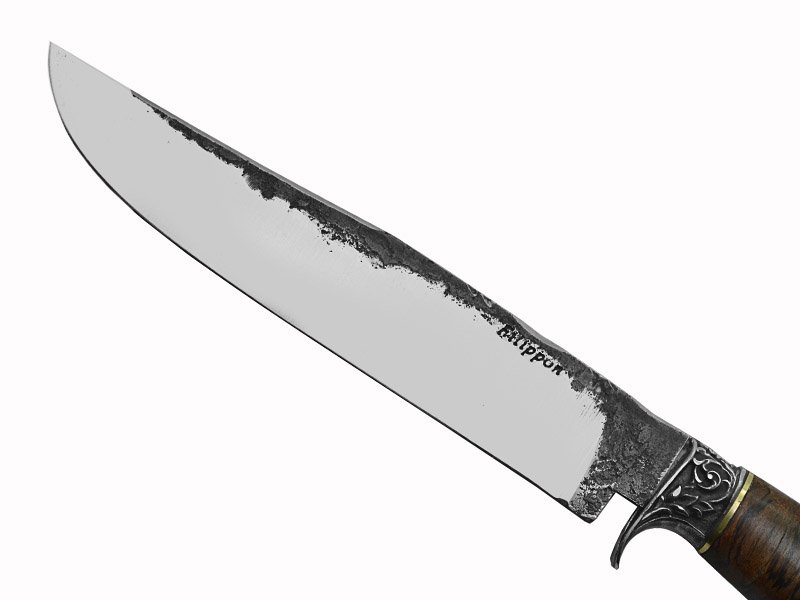 Adelar Filippon faca para colecionador forjada em aço de mola 1070. Empunhadura em rádica de roseira estabilizada, 35 cm