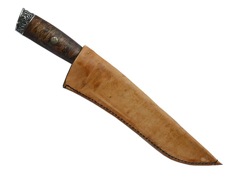 Adelar Filippon faca para colecionador forjada em aço de mola 1070. Empunhadura em rádica de roseira estabilizada, 35 cm