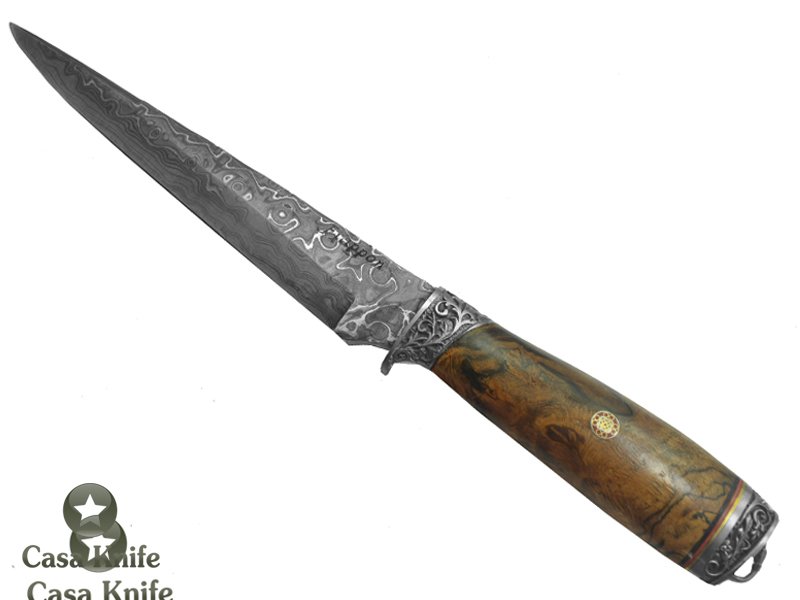 Adelar Filippon Faca para colecionador forjado em aço Damasco. Empunhadura em Spalted Platano, 29 cm