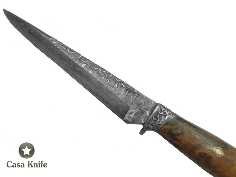 Adelar Filippon Faca para colecionador forjado em aço Damasco. Empunhadura em Spalted Platano, 29 cm