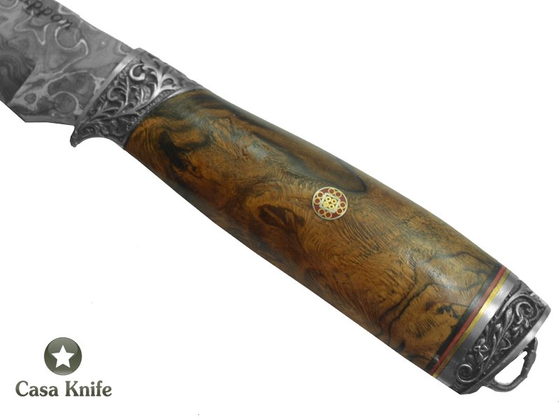 Adelar Filippon Faca para colecionador forjado em aço Damasco. Empunhadura em Spalted Platano, 29 cm