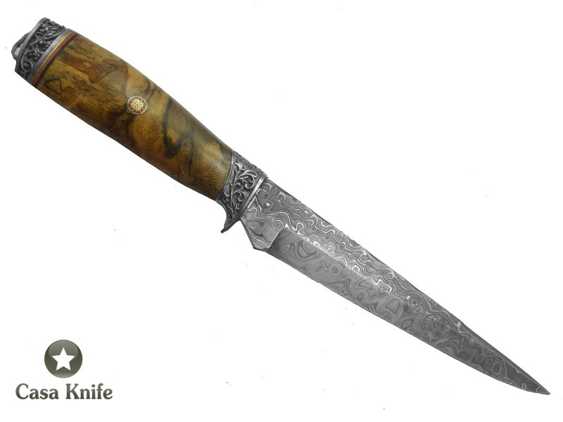 Adelar Filippon Faca para colecionador forjado em aço Damasco. Empunhadura em Spalted Platano, 29 cm