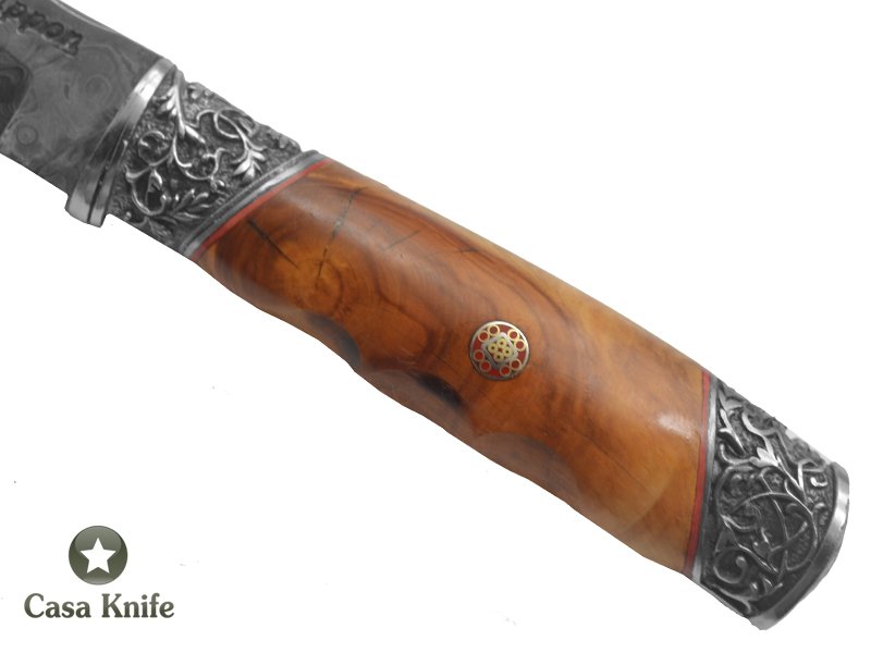 Adelar Filippon Faca para colecionador forjado em aço Damasco 15N20 - 1075 - 58 HCR - 288 camadas. Empunhadura em Cipreste estabilizado, 27 cm