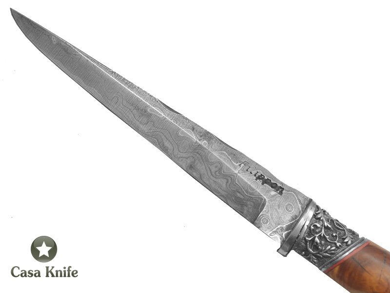 Adelar Filippon Faca para colecionador forjado em aço Damasco 15N20 - 1075 - 58 HCR - 288 camadas. Empunhadura em Cipreste estabilizado, 27 cm