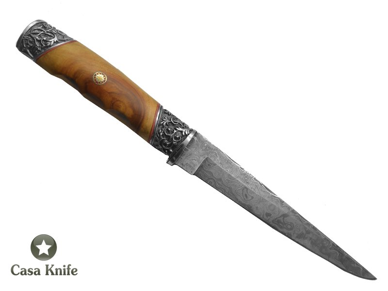 Adelar Filippon Faca para colecionador forjado em aço Damasco 15N20 - 1075 - 58 HCR - 288 camadas. Empunhadura em Cipreste estabilizado, 27 cm