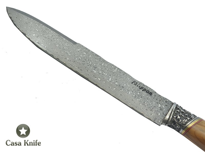 Adelar Filippon faca para colecionador forjado em aço damasco. Empunhadura em Cerejeira, 31 cm