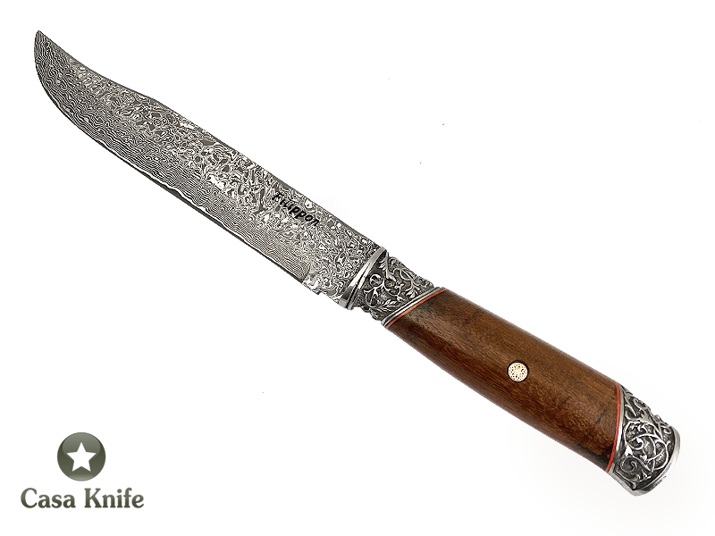 Adelar Filippon faca para colecionador forjado em aço damasco 15N20 / 1095 / 58 HCR / 288 camadas. Empunhadura em Radica Imbuia, 31 cm