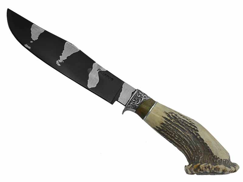 Adelar Filippon faca para colecionador forjado em aço Go May padrão zebra. Empunhadura em Chifre de Cervo, 32 cm