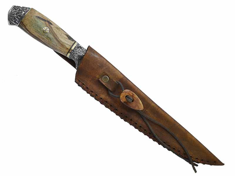 Adelar Filippon faca para colecionador forjado em aço Go May padrão zebra. Empunhadura em Spalted de plátano estabilizado, 33 cm